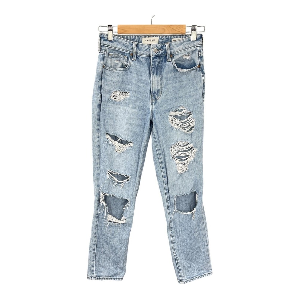 Pacsun Mom Jean Women Size 26 Light Wash Distressed Ripped High Rise Denim Boho
